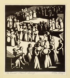 Artist: b'Fry, Ella.' | Title: b'The marketplace in Limoges.' | Date: 1942 | Technique: b'linocut, printed in black ink, from one block'