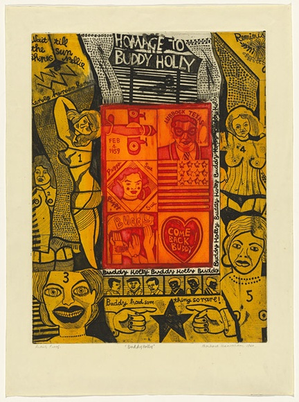 Artist: b'HANRAHAN, Barbara' | Title: b'<p>Buddy Holly</p>' | Date: 1967 | Technique: b'etching, printed in colour from two  plates'