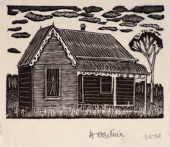 Artist: b'OGILVIE, Helen' | Title: bnot titled [Small L-shaped wooden cottage with verandah - a design used for catalogue covers/ invitations for the artist's exhibition] | Date: c.1944 | Technique: b'wood-engraving, printed in black ink, from one block'