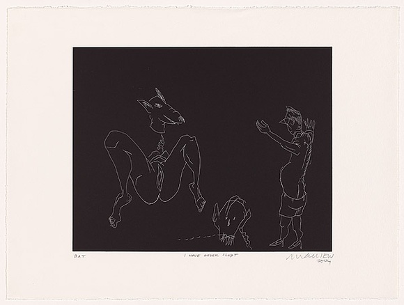 Artist: b'Cullen, Adam.' | Title: b'I have never slept.' | Date: 2001 | Technique: b'relief-etching, printed in black ink, from one plate'