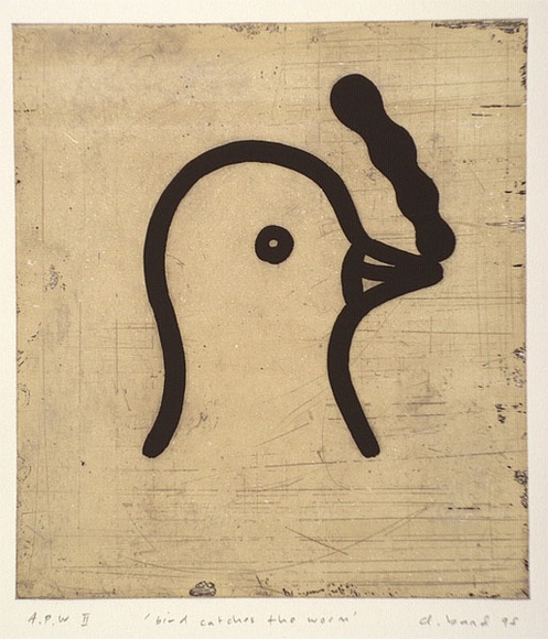 Artist: b'Band, David.' | Title: b'Bird catches the worm' | Date: 1995, August | Technique: b'etching, lift-ground and aquatint, viscosity printed in colour, from two plates'