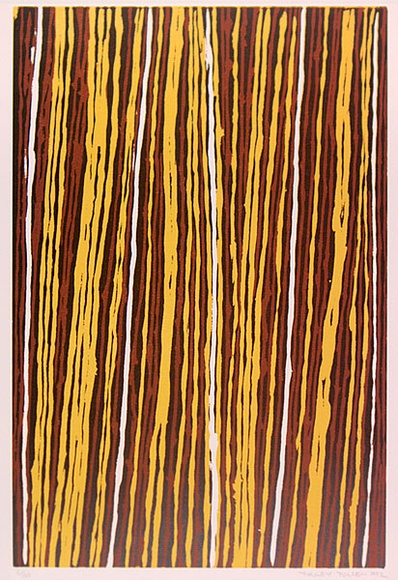 Artist: Tjupurrula, Turkey Tolsen | Title: not titled [straightening the spears] | Date: 1992 | Technique: woodcut, printed in colour, from three blocks