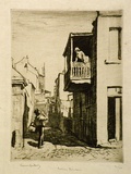 Artist: b'LINDSAY, Lionel' | Title: b'Little Balcony, Ferry Lane, The Rocks' | Date: 1925 | Technique: b'drypoint, printed in brown ink with plate-tone, from one plate' | Copyright: b'Courtesy of the National Library of Australia'