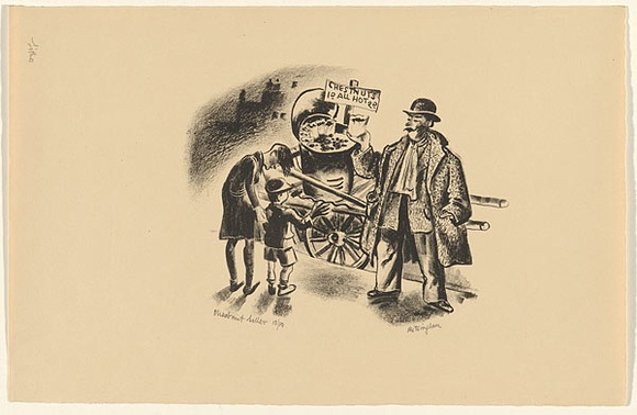 Artist: b'Missingham, Hal.' | Title: b'Chestnut seller' | Date: c.1935 | Technique: b'lithograph, printed in black ink, from one stone [or plate]'