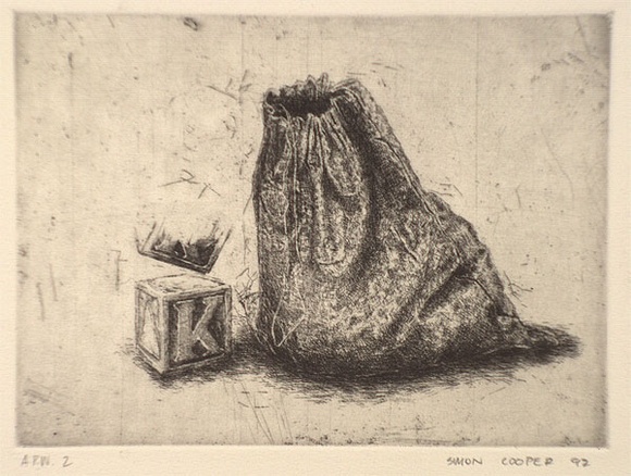 Artist: Cooper, Simon. | Title: not titled [bag with building blocks] | Date: 1992 | Technique: etching, printed in black ink, from one plate