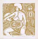 Artist: b'Lasisi, David.' | Title: b'In the act of being trustful' | Date: 1976 | Technique: b'screenprint, printed in yellow/brown, from one screen'