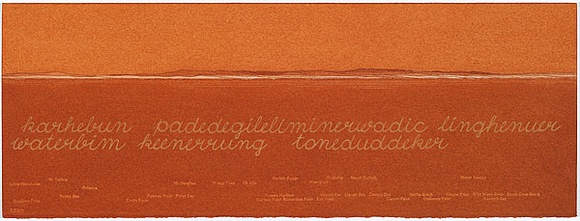 Artist: b'MADDOCK, Bea' | Title: b'Terra Spiritus...with a darker shade of pale' | Date: 1993-98 | Technique: b'stencil print, printed in hand-ground Launceston ochre from multiple hand-cut mylar stencils; letterpress text blind printed; hand-drawn script'