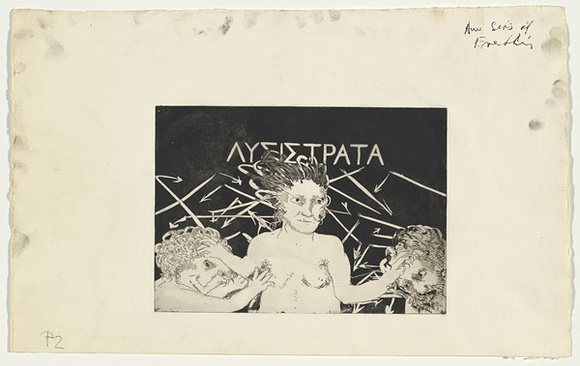 Artist: b'BOYD, Arthur' | Title: b'Title-page. Variant of number 1. Lysistrata between the Athenian and the Spartan.' | Date: (1970) | Technique: b'etching and aquatint, printed in black ink, from one plate' | Copyright: b'Reproduced with permission of Bundanon Trust'