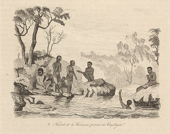 Title: b'Naturels de la Tasmanie p\xc3\xaachant des coquillages. [Natives of Tasmania gathering shellfish]' | Date: 1835 | Technique: b'engraving, printed in black ink, from one steel plate'