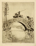 Artist: b'LINDSAY, Lionel' | Title: b'Bulls on the bridge, Andalucia, Spain' | Date: 1920 | Technique: b'etching, printed in black ink with plate-tone, from one plate' | Copyright: b'Courtesy of the National Library of Australia'