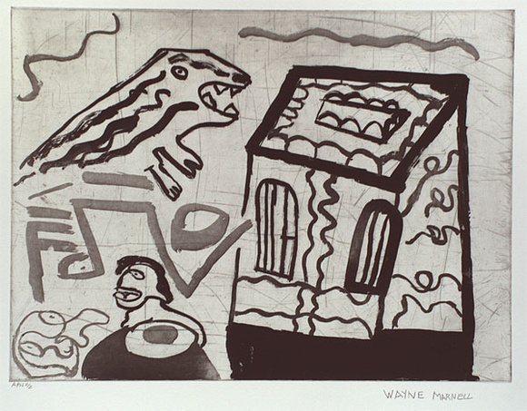 Artist: b'Marnell, Wayne.' | Title: b'not titled [house, monster and man]' | Date: 2000, February | Technique: b'etching, printed in black ink, from one plate' | Copyright: b'Courtesy of Arts Project Australia'