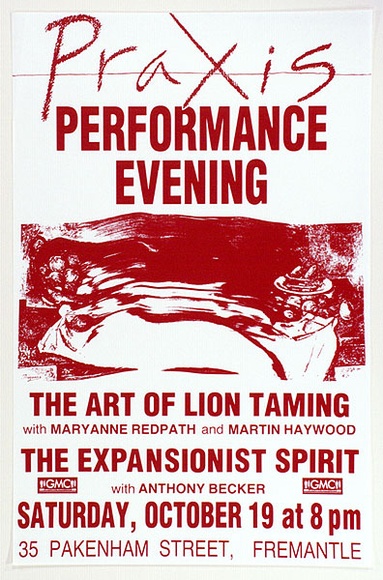 Artist: b'Praxis Poster Workshop.' | Title: b'Performance evening' | Date: 1985 | Technique: b'screenprint, printed in colour, from one stencil'