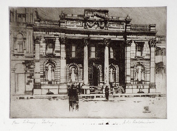 Artist: b'Baldwinson, Arthur.' | Title: b'Free Library, Geelong.' | Date: 1928 | Technique: b'etching, printed in dark brown ink with plate-tone, from one  plate'