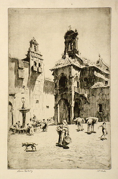 Artist: b'LINDSAY, Lionel' | Title: b'Dusty Spain' | Date: 1936 | Technique: b'etching, printed in brown ink with plate-tone, from one plate' | Copyright: b'Courtesy of the National Library of Australia'