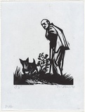 Artist: AMOR, Rick | Title: [Marshall and dog] | Date: 1984 | Technique: linocut, printed in black ink, from one block | Copyright: © Rick Amor. Licensed by VISCOPY, Australia.