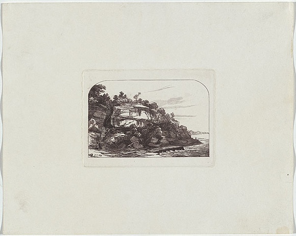 Artist: b'Terry, F.C.' | Title: b(Lady Macquarie's Chair). | Date: c.1860 | Technique: b'etching, printed in purple/black ink, from one plate'