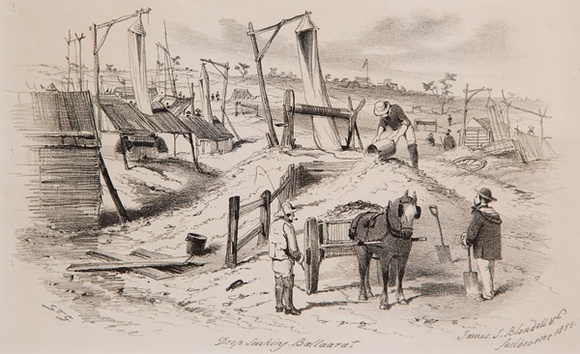 Artist: b'GILL, S.T.' | Title: b'Deep sinking, Ballarat.' | Date: 1855-56 | Technique: b'lithograph, printed in black ink, from one stone'