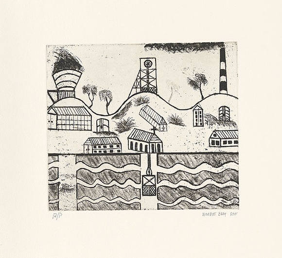 Artist: Bray, Vincent. | Title: not titled [urban mining landscape] | Date: 2001 | Technique: etching, printed in black ink, from one plate