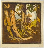 Artist: b'Reynolds, Frederick George.' | Title: b'(Gum trees).' | Date: c.1928 | Technique: b'woodcut, printed in colour, from multiple blocks'