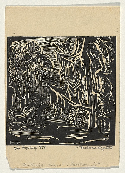 Artist: b'Ratas, Vaclovas.' | Title: b'Frightened' | Date: 1948 | Technique: b'woodcut, printed in black ink, from one block'