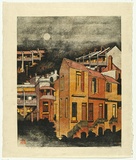 Artist: b'Thorpe, Lesbia.' | Title: b'A quiet street' | Date: 1982-83 | Technique: b'woodcut, printed in colour, from four blocks'