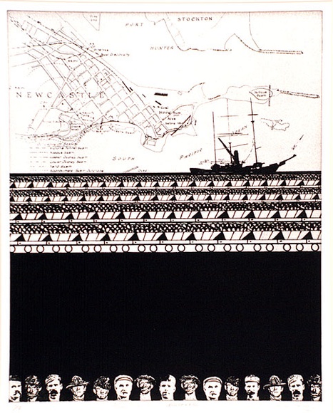 Artist: b'Parnaby, Beth.' | Title: b'Early coal mines in Newcastle' | Date: 1985 | Technique: b'etching and colour lithograph'