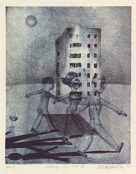 Artist: b'Doggett-Williams, Phillip.' | Title: b'Crossing the river VI' | Date: 1993 | Technique: b'lithograph, printed in colour, from two stones (black and blue)'