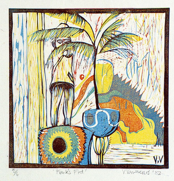 Artist: Varvaressos, Vicki. | Title: Frank's flat | Date: 1982 | Technique: linocut, printed in colour, from mutliple blocks | Copyright: © Vicki Varvaressos