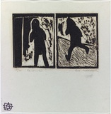 Artist: MADDOCK, Bea | Title: Encounter | Date: 1966 | Technique: woodcut, printed in black ink by hand burnishing, from two abutted pine blocks