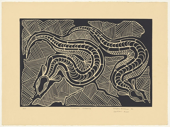 Artist: b'Omeenyo, Gregory' | Title: b'Kaayana dreaming' | Date: 1997, August | Technique: b'linocut, printed in black ink, from one block'