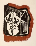 Artist: b'OGILVIE, Helen' | Title: b'not titled [Christmas bells superimposed over small house].' | Date: c.1947 | Technique: b'linocut, printed in colour, from multiple blocks'