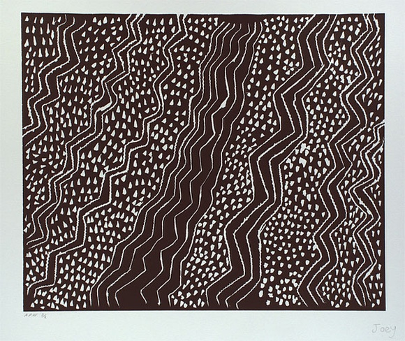 Artist: b'Tjungurrayi, Helicopter.' | Title: b'Karulya' | Date: 2001, September - October | Technique: b'linocut, printed in black ink, from one block'