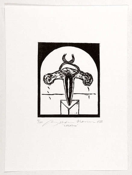 Artist: b'Mann, Gillian.' | Title: b'Creation.' | Date: 1988 | Technique: b'woodcut, printed in black ink, from one block'