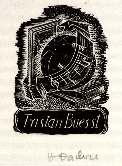 Artist: b'OGILVIE, Helen' | Title: b'not titled [Musical notation on scroll, globe of the world and books].' | Date: c.1944 | Technique: b'wood-engraving, printed in black ink, from one block'