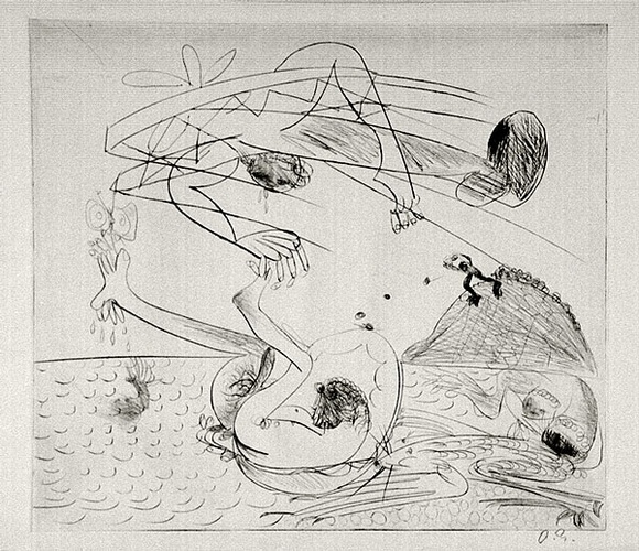 Artist: b'BOYD, Arthur' | Title: b'Bert Hinkler and Polyphemus.' | Date: (1968-69) | Technique: b'drypoint, printed in black ink, from one plate' | Copyright: b'Reproduced with permission of Bundanon Trust'