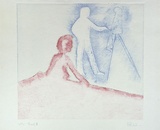 Artist: Hutchison, Niels. | Title: not titled [man working at easel, woman sitting bare-breasted in bed] | Date: 1989 - 2002 | Technique: etching, printed in colour, from two plates