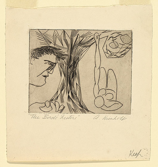 Artist: b'Wienholt, Anne.' | Title: bThe birds' nesters | Date: 1947 | Technique: b'line-engraving, printed in black ink with plate-tone, from one copper plate'