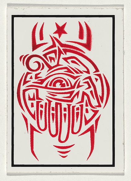 Title: b'Eye palm stencil [sticker]' | Technique: b'screenprint, printed in black and red ink, from two stencils'