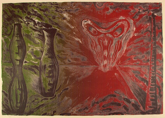 Artist: b'Connors, Anne.' | Title: b'not titled [vessels and skull]' | Date: 1985 | Technique: b'lithograph, printed in colour, from two stones'