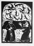 Artist: Allen, Joyce. | Title: (Wizard Agonis protecting Pai Korri and Winnie from Wizard Lambertia) (Illustration 7). | Date: 1987 | Technique: linocut, printed in black ink, from one block; additions in black fibre-tipped pen