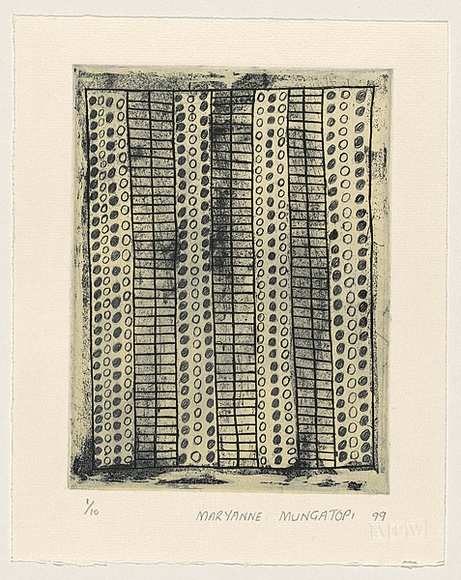 Artist: b'MUNGATOPI, Maryanne' | Title: b'not titled [geometric design with circled and vertical grids]' | Date: 1999, November | Technique: b'etching, printed in black and cream in intaglio and relief, from one plate'