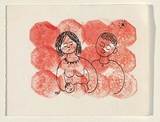 Title: Card: Family with child | Date: 1960s | Technique: stamp, printed in red ink, from one block; black felt-tip pen over-drawing