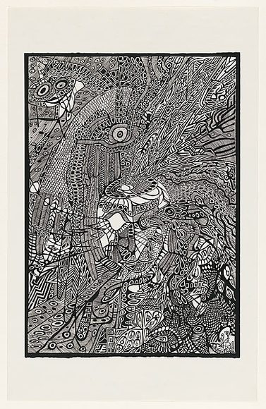 Artist: b'Dickson, Jim.' | Title: b'not titled [black and white surreal composition, scaly arm with feather fingers reaching down left side].' | Date: 1970-1990 | Technique: b'screenprint, printed in black ink, from one stencil'