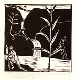 Artist: b'Wallace-Crabbe, Robin.' | Title: b'not titled [VI Venus, drying herself ... with bee eater].' | Date: 1980 | Technique: b'linocut, printed in black ink, from one block' | Copyright: b'\xc2\xa9 Robin Wallace-Crabbe, Licensed by VISCOPY, Australia'