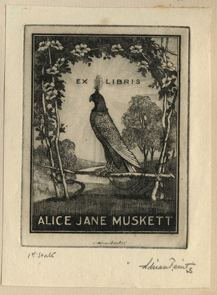 Artist: b'FEINT, Adrian' | Title: b'Bookplate: Alice Jane Musket.' | Date: 1925 | Technique: b'etching, printed in black ink with plate-tone, from one plate' | Copyright: b'Courtesy the Estate of Adrian Feint'