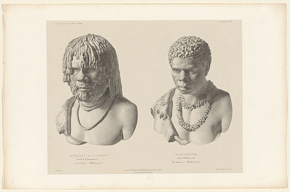 Title: bWorraddey, chef a l'Ile Bruny [and] Trouggarnanna | Date: 1841-55 | Technique: b'lithograph, printed in black ink, from one stone'