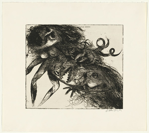 Artist: b'BOYD, Arthur' | Title: b'Double figure with shark head and horns' | Date: 1985 | Technique: b'etching, printed in black ink, from one plate' | Copyright: b'Reproduced with permission of Bundanon Trust'