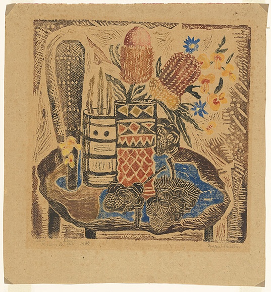 Artist: b'PRESTON, Margaret' | Title: b'Native flowers, Aboriginal design.' | Date: 1943 | Technique: b'woodcut, printed in colour, from one masonite block' | Copyright: b'\xc2\xa9 Margaret Preston. Licensed by VISCOPY, Australia'