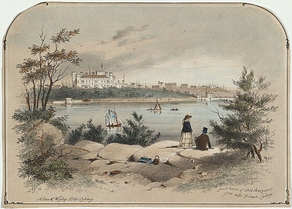 Artist: b'GILL, S.T.' | Title: b'Government House and Fort Macquarie from Outer Domain, Sydney.' | Date: 1856 | Technique: b'lithograph, printed in black ink, from one stone; hand-coloured'