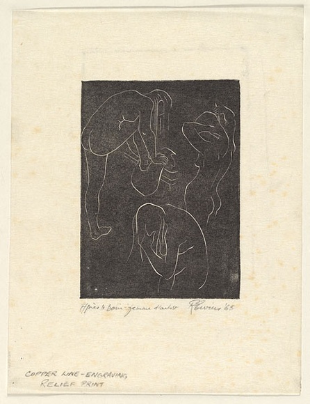Artist: EWINS, Rod | Title: Apres le bain; femme dartist. | Date: 1965 | Technique: line-engraving, printed in relief in black ink, from one copper plate